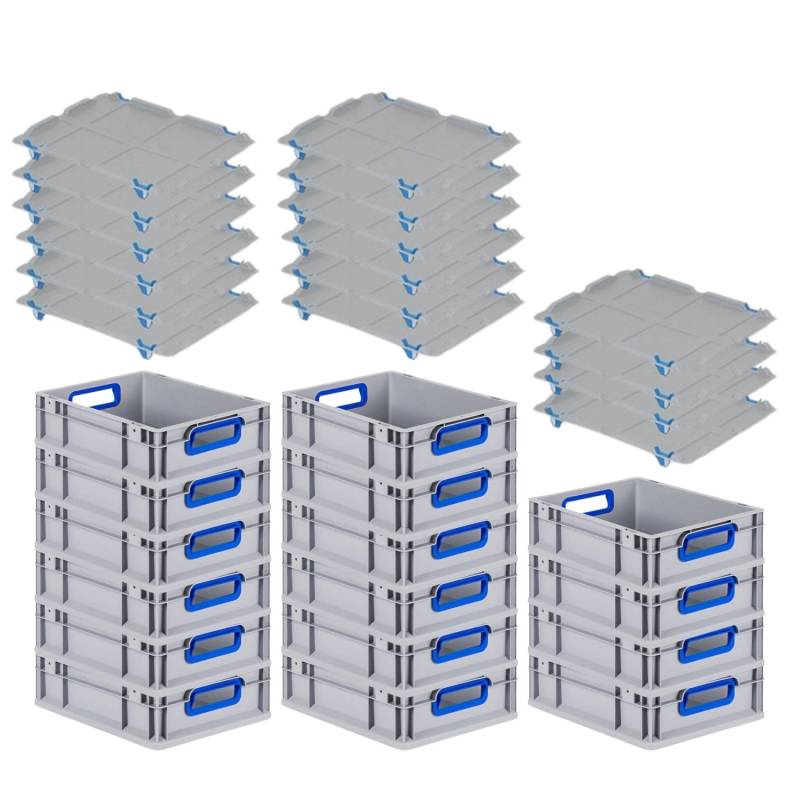 PROREGAL Spar Set 16x Eurobox Nextgen Color Mit Auflagedeckel & Schiebeschnappverschlüsse HxBxT 12 x 30 x 40 cm Griffe Blau Offen Glatter Boden von PROREGAL