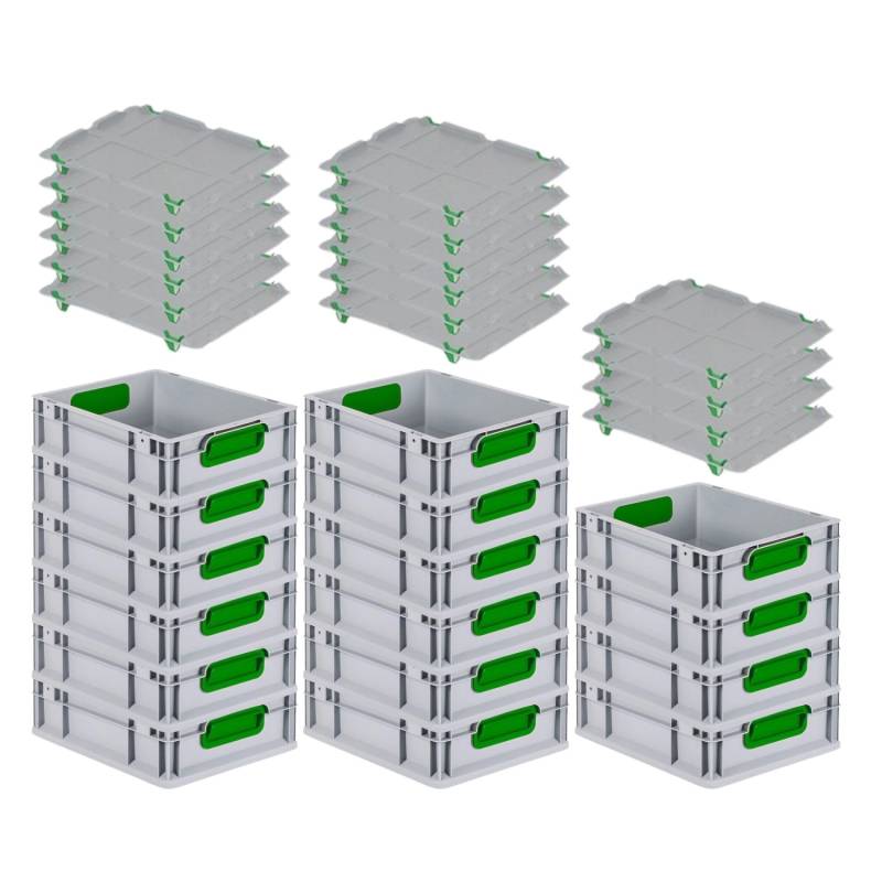 PROREGAL Spar Set 16x Eurobox Nextgen Color Mit Auflagedeckel & Schiebeschnappverschlüsse HxBxT 12 x 30 x 40 cm Griffe Grün Geschlossen Glatter Boden von PROREGAL