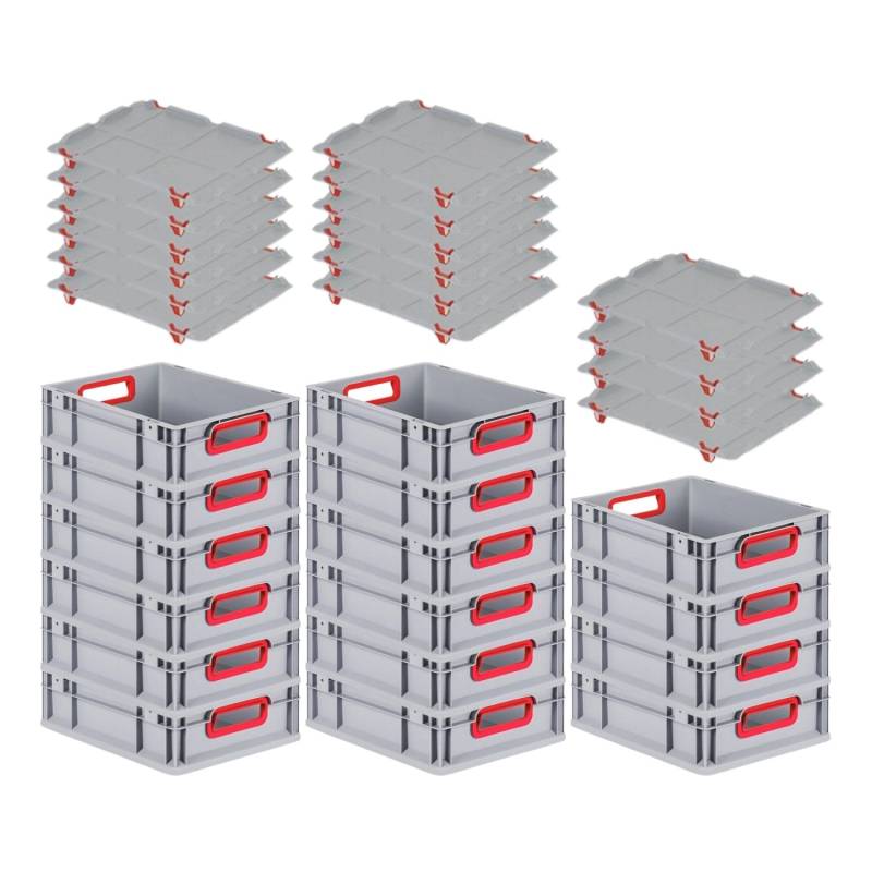 PROREGAL Spar Set 16x Eurobox Nextgen Color Mit Auflagedeckel & Schiebeschnappverschlüsse HxBxT 12 x 30 x 40 cm Griffe Rot Offen Glatter Boden von PROREGAL
