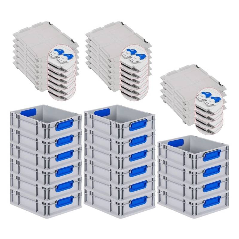 PROREGAL Spar Set 16x Eurobox Nextgen Color Mit Scharnierdeckel & Schiebeschnappverschlüsse HxBxT 12 x 30 x 40 cm Griffe Blau Glatter Boden von PROREGAL