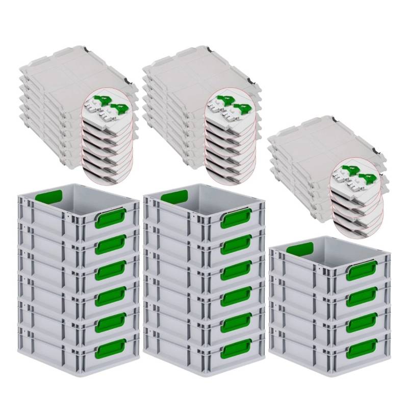 PROREGAL Spar Set 16x Eurobox Nextgen Color Mit Scharnierdeckel & Schiebeschnappverschlüsse HxBxT 12 x 30 x 40 cm Griffe Grün Glatter Boden von PROREGAL