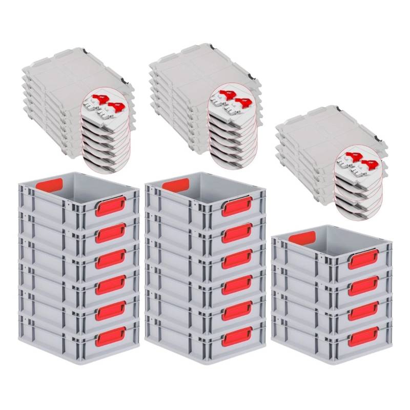 PROREGAL Spar Set 16x Eurobox Nextgen Color Mit Scharnierdeckel & Schiebeschnappverschlüsse HxBxT 12 x 30 x 40 cm Griffe Rot Geschlossen Glatter Boden von PROREGAL