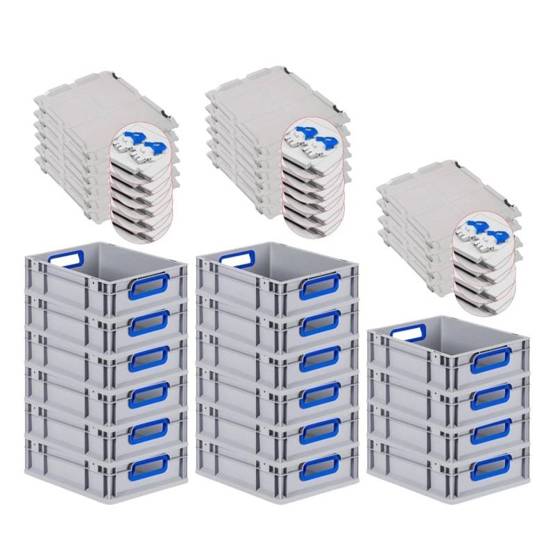 PROREGAL Spar Set 16x Eurobox Nextgen Color Mit Scharnierdeckel & Schiebeschnappverschlüssen HxBxT 12 x 30 x 40 cm Griffe Blau Offen Glatter Boden von PROREGAL