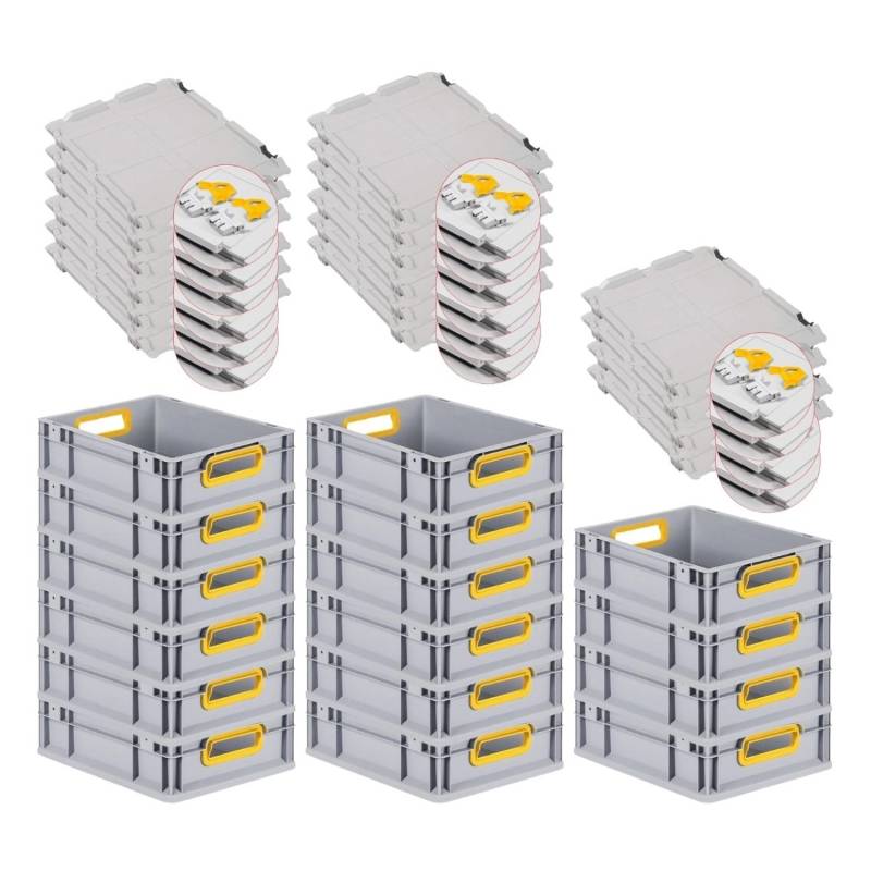 PROREGAL Spar Set 16x Eurobox Nextgen Color Mit Scharnierdeckel & Schiebeschnappverschlüssen HxBxT 12 x 30 x 40 cm Griffe Gelb Offen Glatter Boden von PROREGAL
