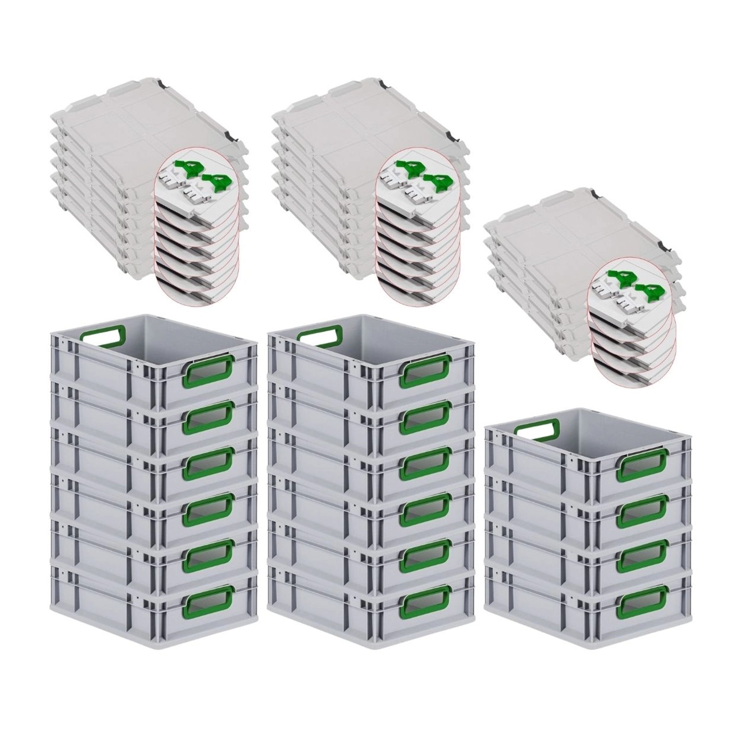 PROREGAL Spar Set 16x Eurobox Nextgen Color Mit Scharnierdeckel & Schiebeschnappverschlüssen HxBxT 12 x 30 x 40 cm Griffe Grün Offen Glatter Boden PROREGAL Spar Set 16x Eurobox Nextgen Color Mit Scharnierdeckel & Schiebeschnappverschlüssen HxBxT 12 x 30 x 40 cm Griffe Grün Offen Glatter Boden von PROREGAL