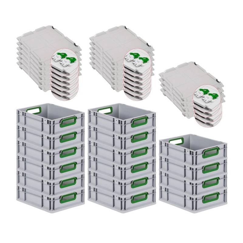 PROREGAL Spar Set 16x Eurobox Nextgen Color Mit Scharnierdeckel & Schiebeschnappverschlüssen HxBxT 12 x 30 x 40 cm Griffe Grün Offen Glatter Boden von PROREGAL