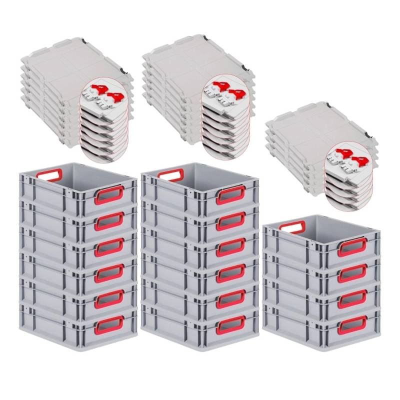 PROREGAL Spar Set 16x Eurobox Nextgen Color Mit Scharnierdeckel & Schiebeschnappverschlüssen HxBxT 12 x 30 x 40 cm Griffe Rot Offen Glatter Boden von PROREGAL