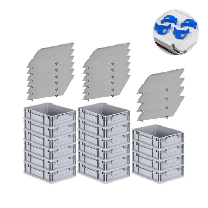 PROREGAL Spar Set 16x Eurobox Nextgen Economy Mit Auflagedeckel & 4x Schiebeschnappverschlüsse Blau Griffe Geschlossen HxBxT 12 x 30 x 40 cm 11 Liter von PROREGAL