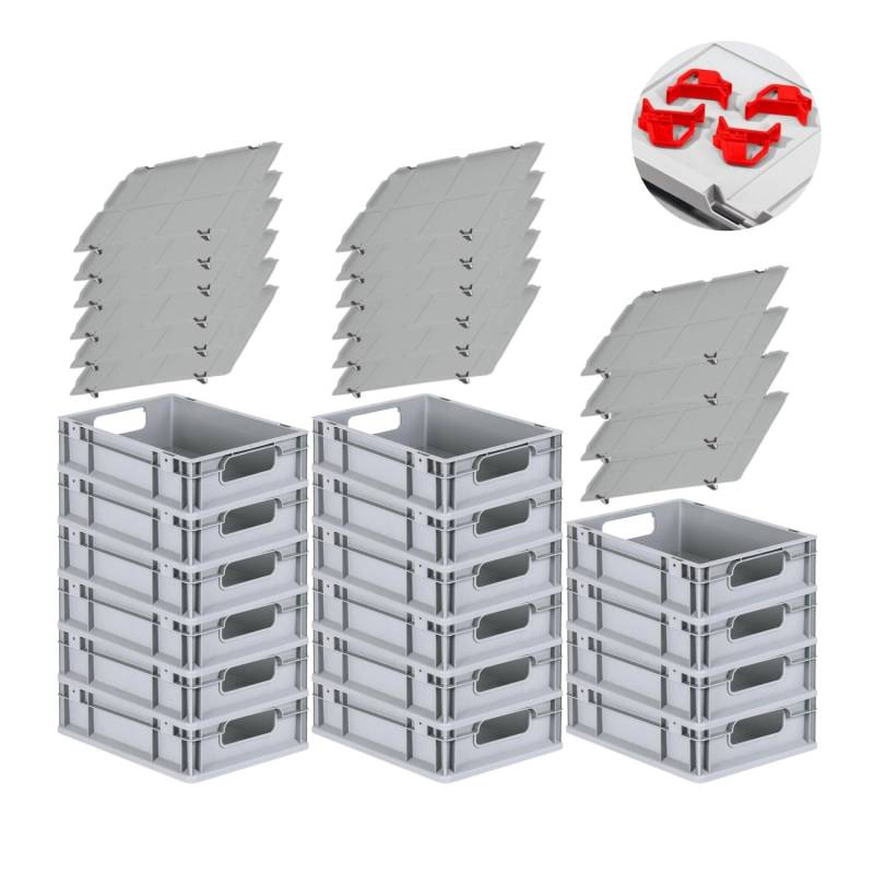PROREGAL Spar Set 16x Eurobox Nextgen Economy Mit Auflagedeckel & 4x Schiebeschnappverschlüsse Rot Griffe Offen HxBxT 12 x 30 x 40 cm 11 Liter von PROREGAL