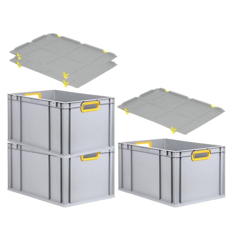PROREGAL Spar Set 3x Eurobox Nextgen Color Mit Auflagedeckel & Schiebeschnappverschlüsse HxBxT 32 x 40 x 60 cm Griffe Gelb Offen Verstärkter Boden von PROREGAL