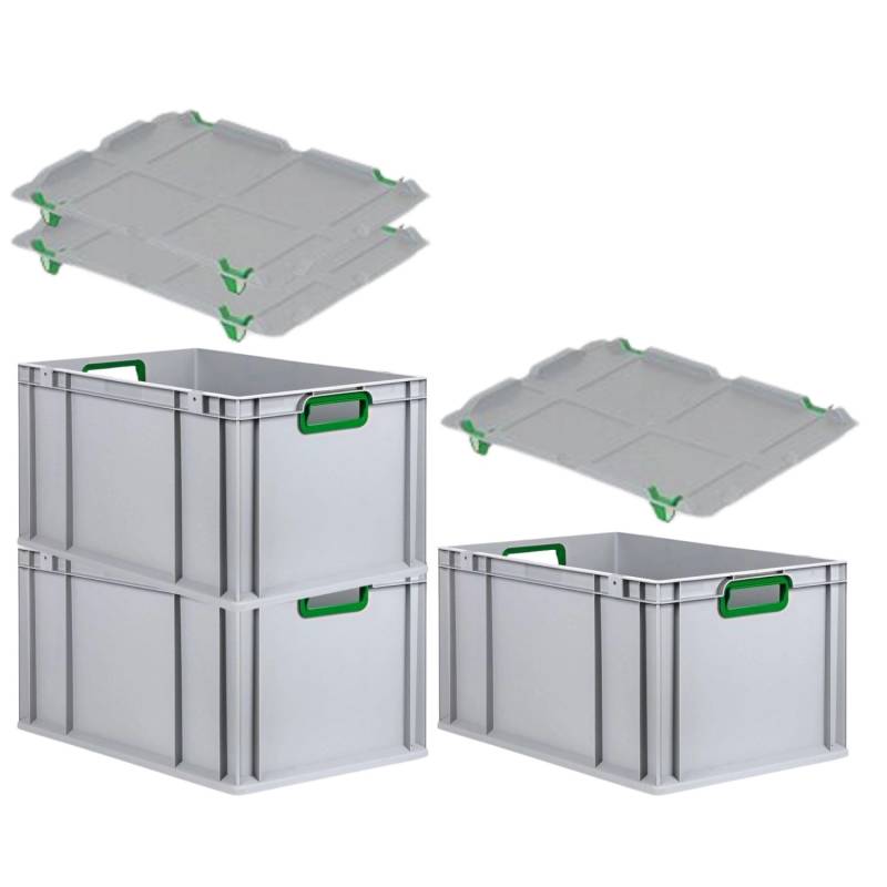 PROREGAL Spar Set 3x Eurobox Nextgen Color Mit Auflagedeckel & Schiebeschnappverschlüsse HxBxT 32 x 40 x 60 cm Griffe Grün Offen Verstärkter Boden von PROREGAL