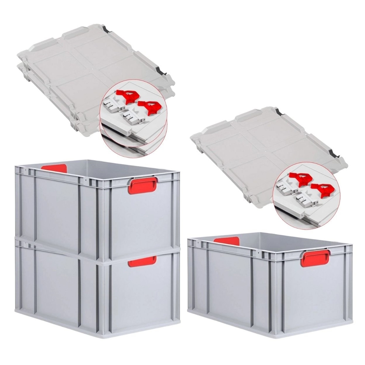 PROREGAL Spar Set 3x Eurobox Nextgen Color Mit Scharnierdeckel & Schiebeschnappverschlüsse HxBxT 32 x 40 x 60 cm Griffe Rot Verstärkter Boden von PROREGAL