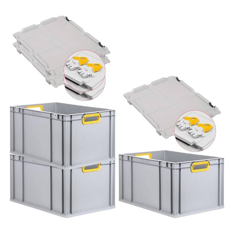 PROREGAL Spar Set 3x Eurobox Nextgen Color Mit Scharnierdeckel & Schiebeschnappverschlüssen HxBxT 32 x 40 x 60 cm Griffe Gelb Offen Verstärkter Boden von PROREGAL