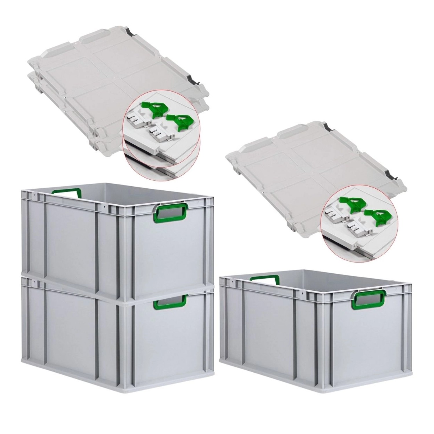 PROREGAL Spar Set 3x Eurobox Nextgen Color Mit Scharnierdeckel & Schiebeschnappverschlüssen HxBxT 32 x 40 x 60 cm Griffe Grün Offen Verstärkter Boden von PROREGAL