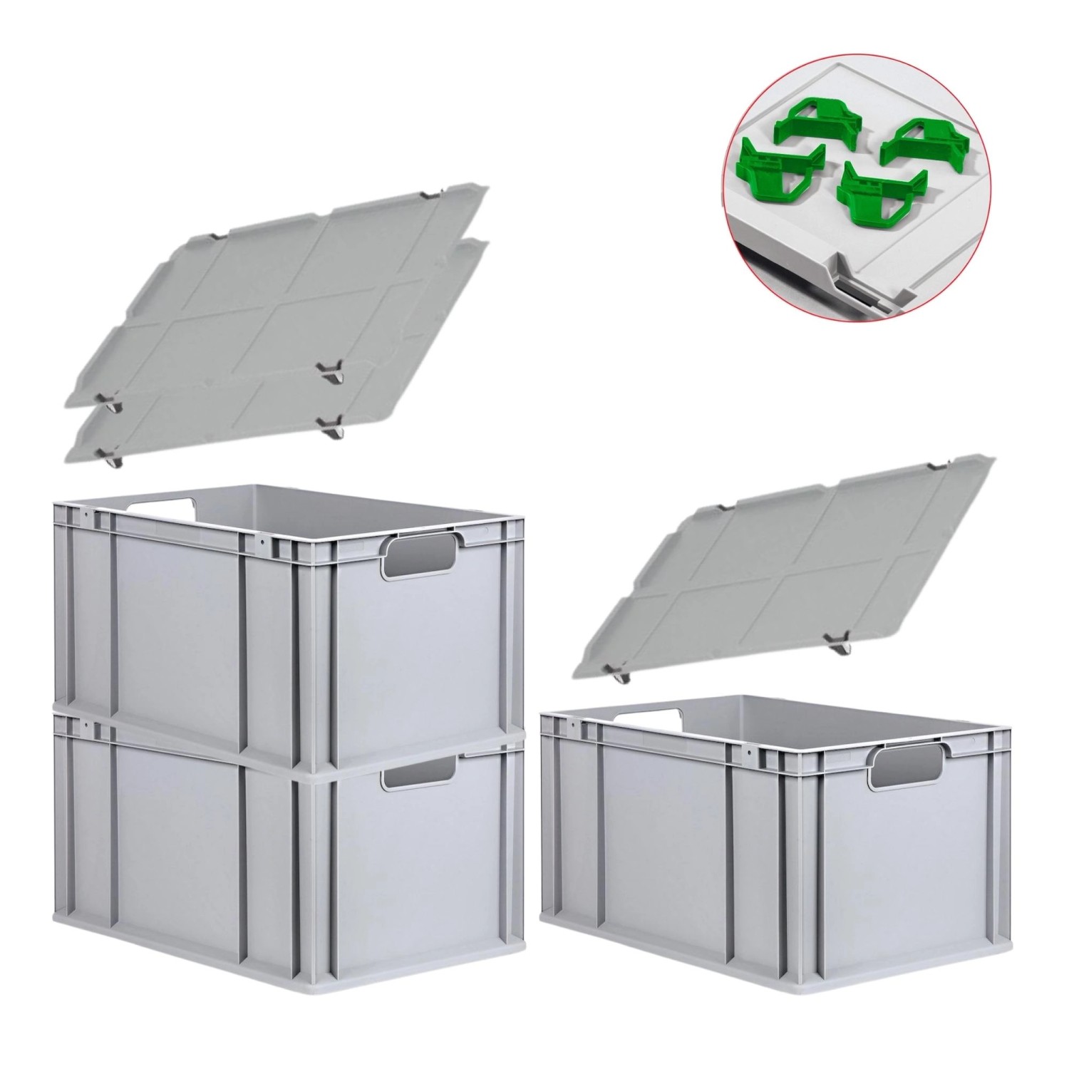 PROREGAL Spar Set 3x Eurobox Nextgen Economy Mit Auflagedeckel & 4x Schiebeschnappverschlüsse Grün Griffe Offen HxBxT 32 x 40 x 60 cm 65 Liter von PROREGAL