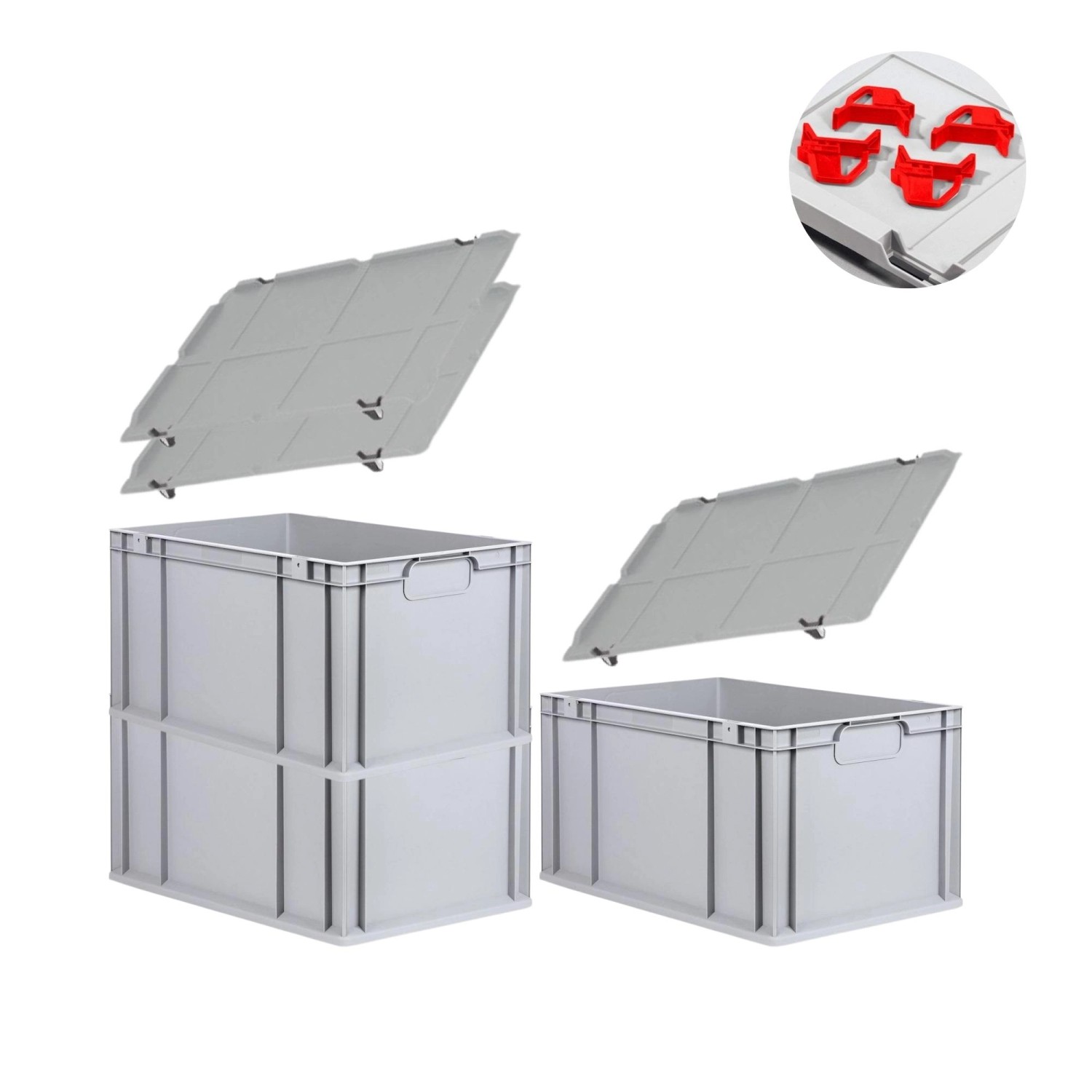 PROREGAL Spar Set 3x Eurobox Nextgen Economy Mit Auflagedeckel & 4x Schiebeschnappverschlüsse Rot Griffe Geschlossen HxBxT 32 x 40 x 60 cm 65 Liter von PROREGAL