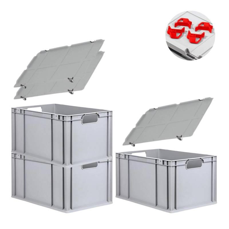 PROREGAL Spar Set 3x Eurobox Nextgen Economy Mit Auflagedeckel & 4x Schiebeschnappverschlüsse Rot Griffe Offen HxBxT 32 x 40 x 60 cm 65 Liter von PROREGAL