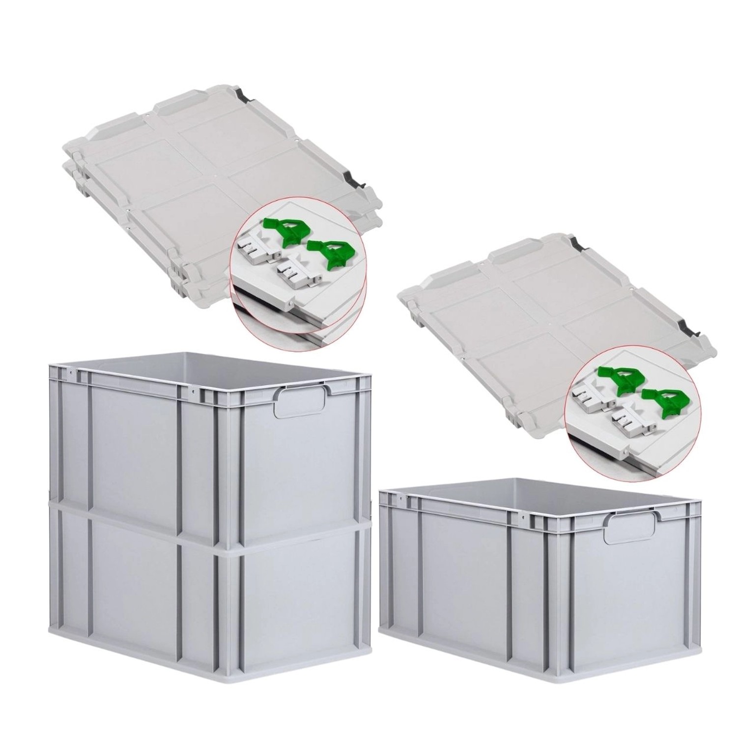 PROREGAL Spar Set 3x Eurobox Nextgen Economy Mit Scharnierdeckel & Grünen Schiebeschnappverschlüsse Griffe Geschlossen HxBxT 32 x 40 x 60 cm 65 Liter von PROREGAL
