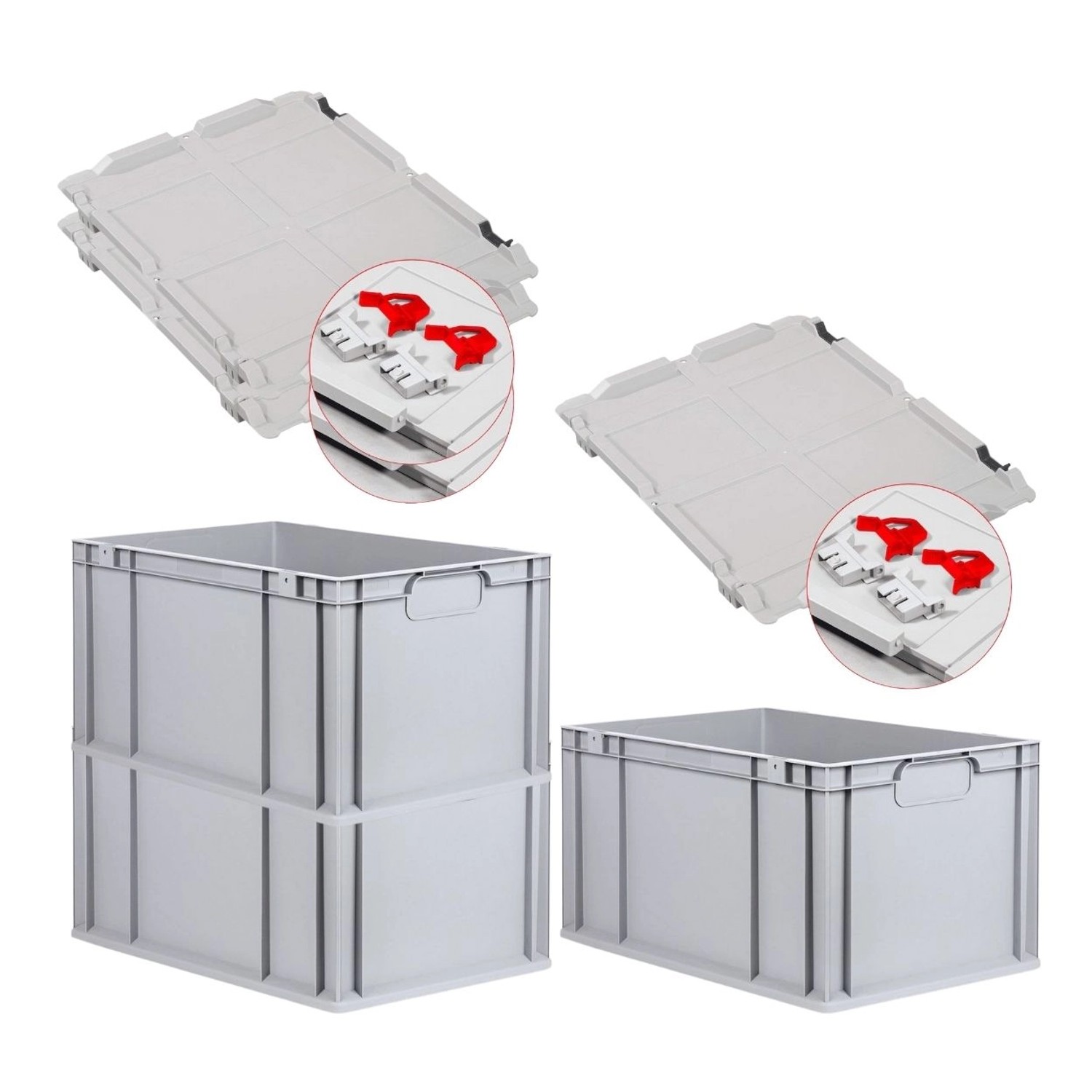 PROREGAL Spar Set 3x Eurobox Nextgen Economy Mit Scharnierdeckel & Roten Schiebeschnappverschlüssen Griffe Geschlossen HxBxT 32 x 40 x 60 cm 65 Liter von PROREGAL