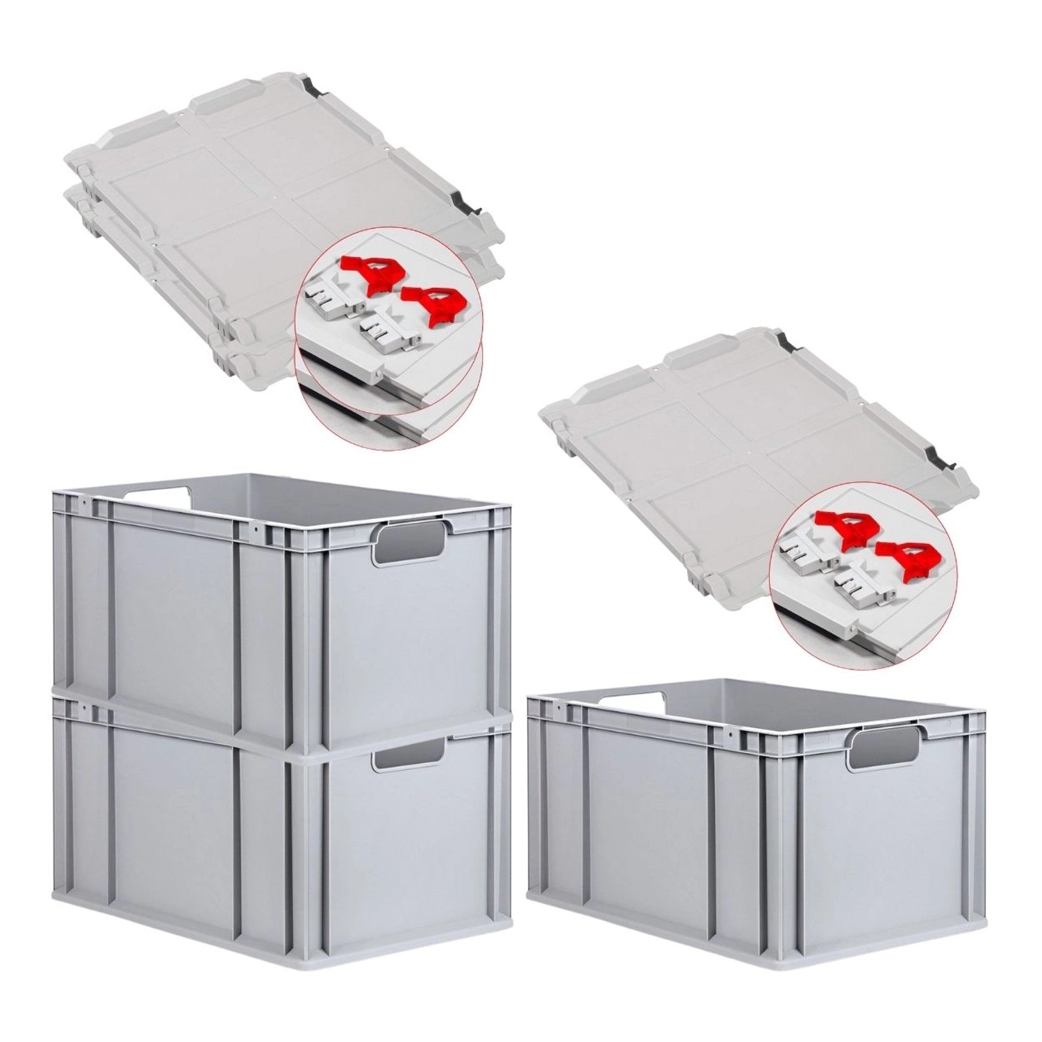 PROREGAL Spar Set 3x Eurobox Nextgen Economy Mit Scharnierdeckel & Roten Schiebeschnappverschlüssen Griffe Offen HxBxT 32 x 40 x 60 cm 65 Liter von PROREGAL