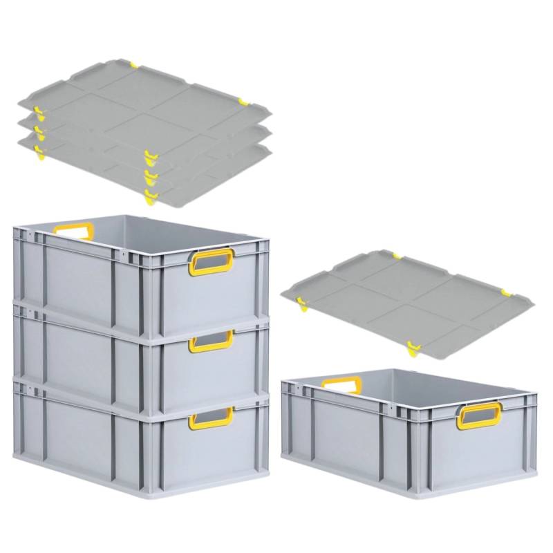 PROREGAL Spar Set 4x Eurobox Nextgen Color Mit Auflagedeckel & Schiebeschnappverschlüsse HxBxT 22 x 40 x 60 cm Griffe Gelb Offen Verstärkter Boden von PROREGAL
