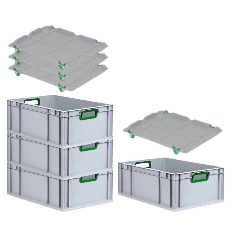 PROREGAL Spar Set 4x Eurobox Nextgen Color Mit Auflagedeckel & Schiebeschnappverschlüsse HxBxT 22 x 40 x 60 cm Griffe Grün Offen Verstärkter Boden von PROREGAL