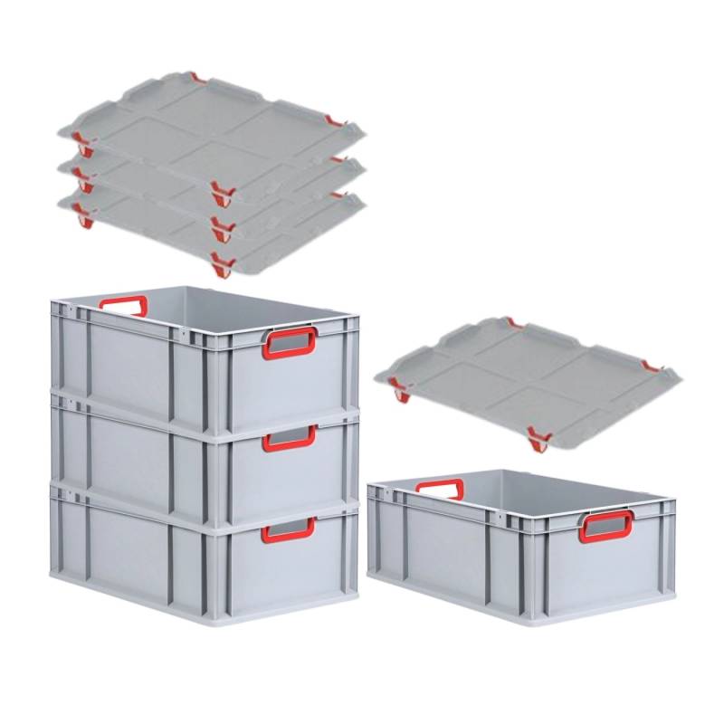 PROREGAL Spar Set 4x Eurobox Nextgen Color Mit Auflagedeckel & Schiebeschnappverschlüsse HxBxT 22 x 40 x 60 cm Griffe Rot Offen Verstärkter Boden von PROREGAL