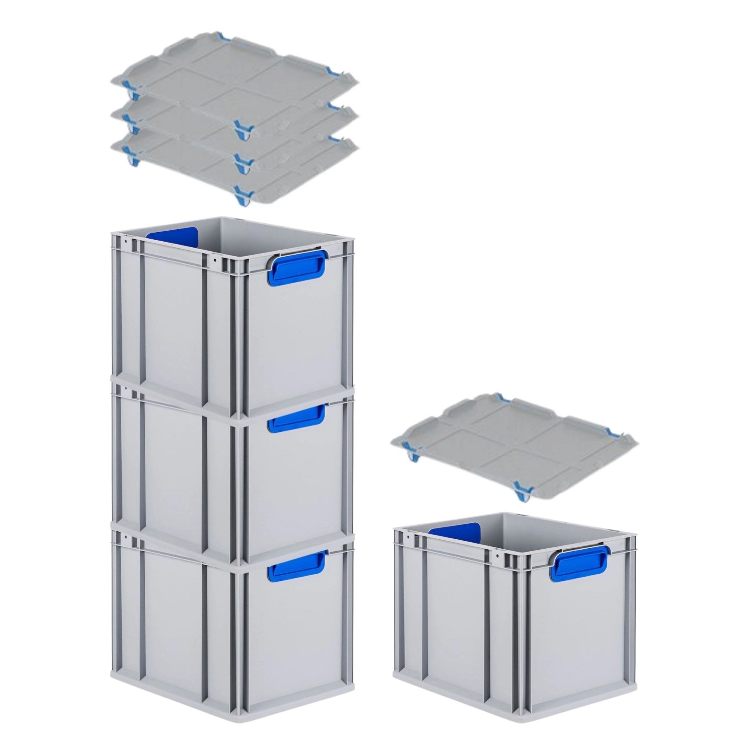 PROREGAL Spar Set 4x Eurobox Nextgen Color Mit Auflagedeckel & Schiebeschnappverschlüsse HxBxT 32 x 30 x 40 cm Griffe Blau Geschlossen Glatter Boden von PROREGAL