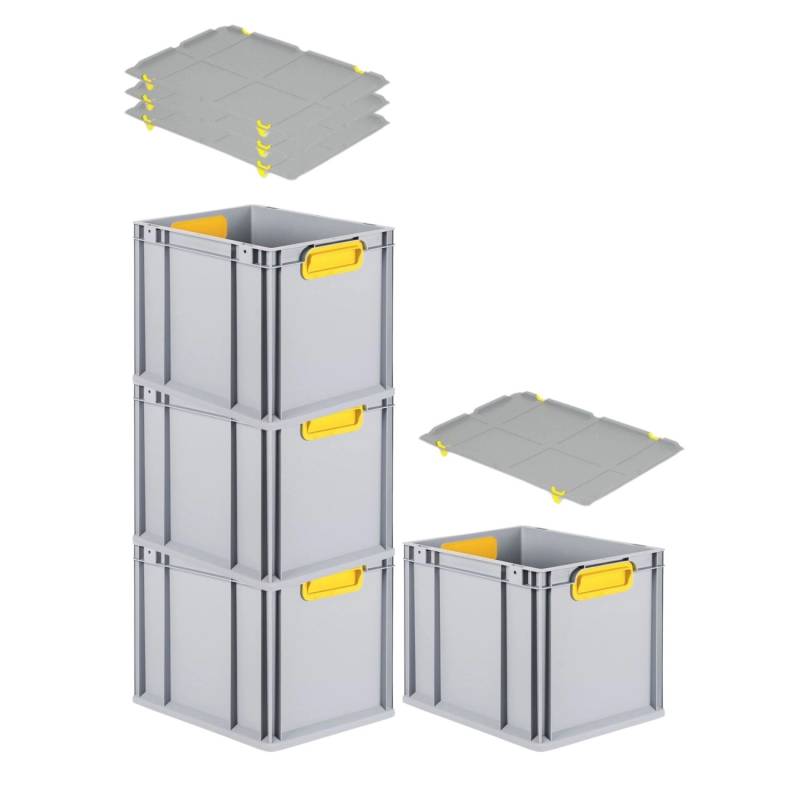 PROREGAL Spar Set 4x Eurobox Nextgen Color Mit Auflagedeckel & Schiebeschnappverschlüsse HxBxT 32 x 30 x 40 cm Griffe Gelb Geschlossen Glatter Boden von PROREGAL
