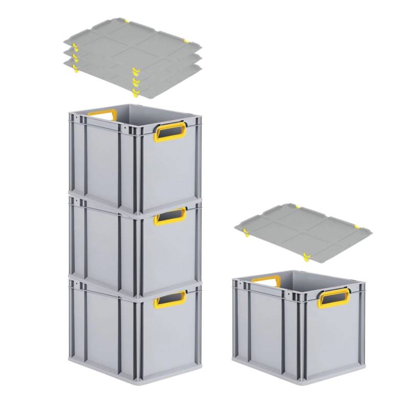 PROREGAL Spar Set 4x Eurobox Nextgen Color Mit Auflagedeckel & Schiebeschnappverschlüsse HxBxT 32 x 30 x 40 cm Griffe Gelb Offen Glatter Boden von PROREGAL