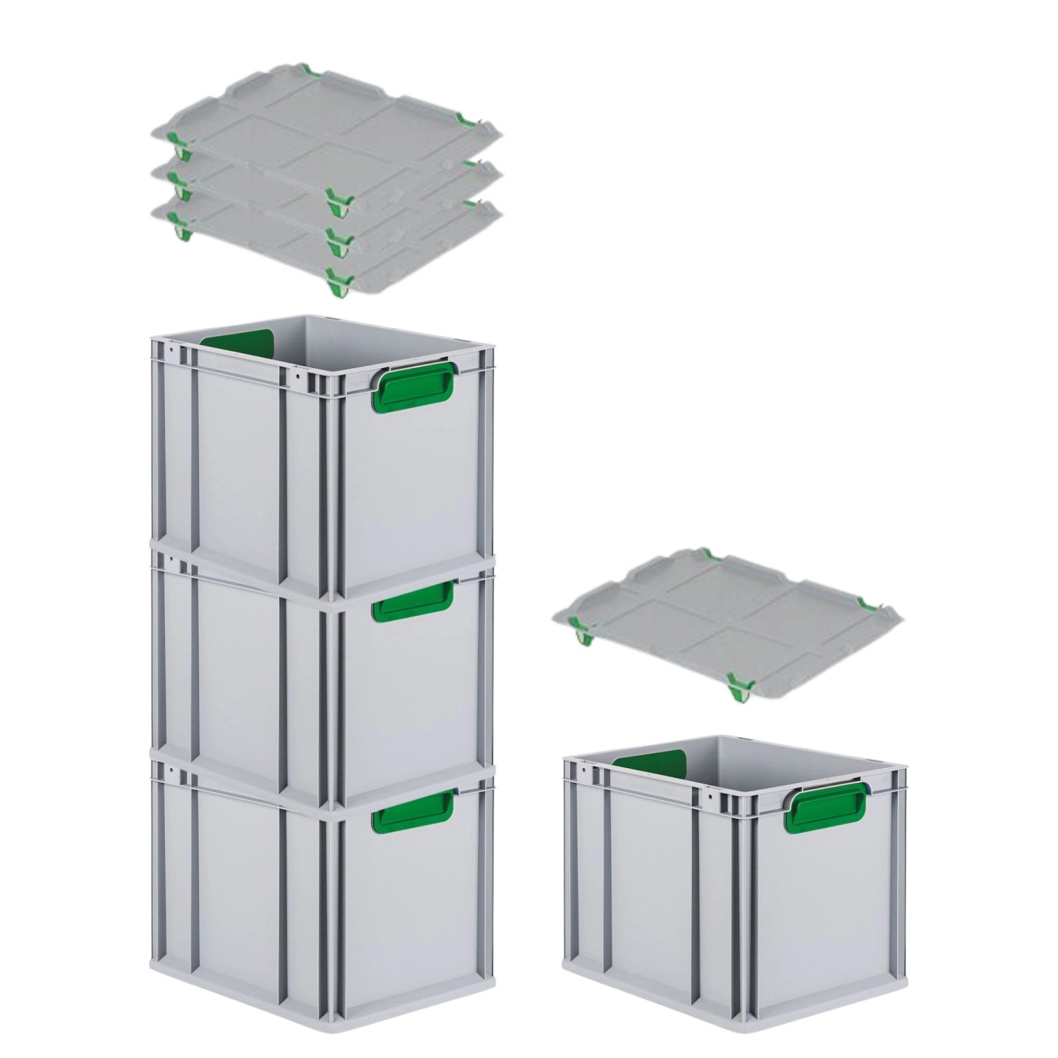 PROREGAL Spar Set 4x Eurobox Nextgen Color Mit Auflagedeckel & Schiebeschnappverschlüsse HxBxT 32 x 30 x 40 cm Griffe Grün Geschlossen Glatter Boden von PROREGAL