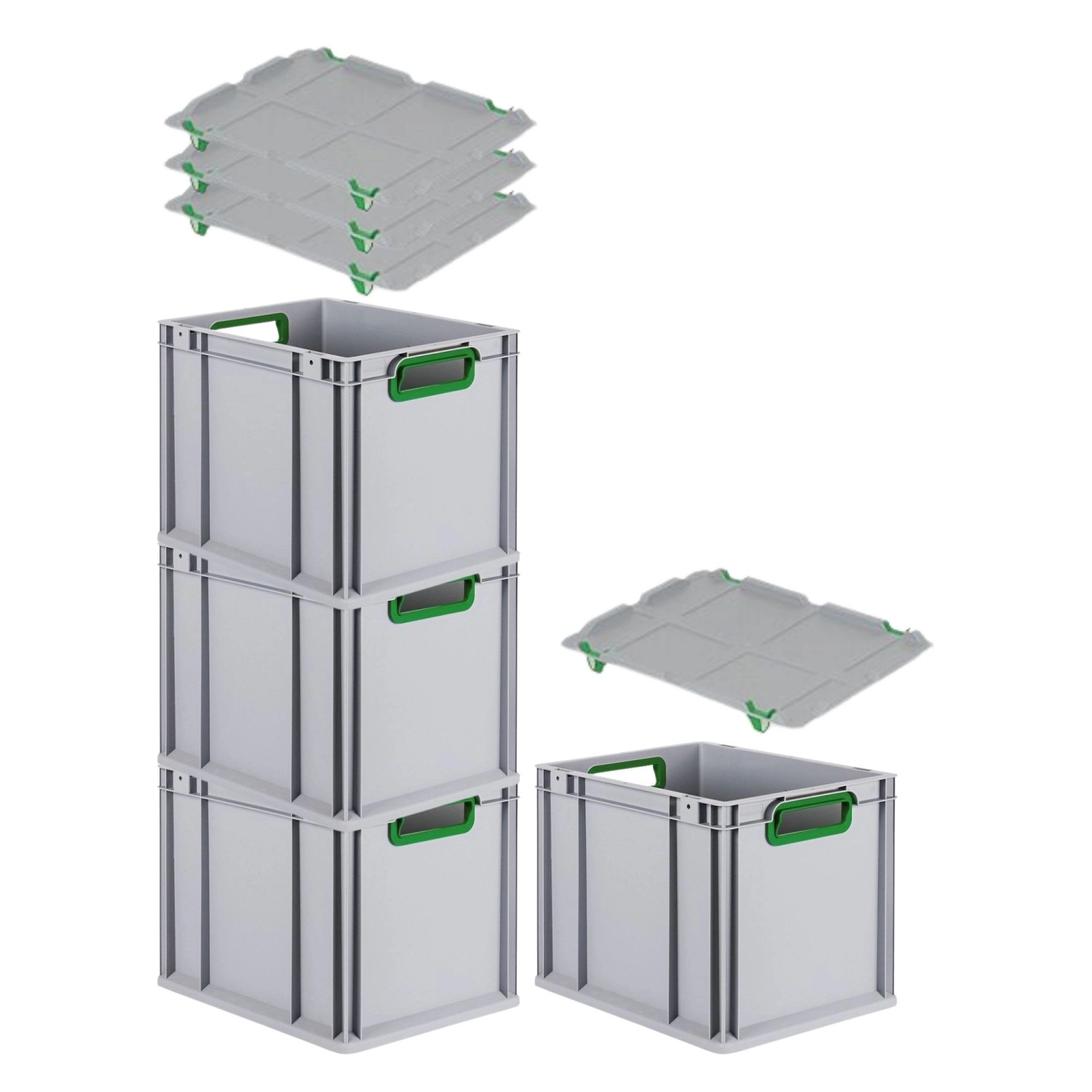 PROREGAL Spar Set 4x Eurobox Nextgen Color Mit Auflagedeckel & Schiebeschnappverschlüsse HxBxT 32 x 30 x 40 cm Griffe Grün Offen Glatter Boden von PROREGAL