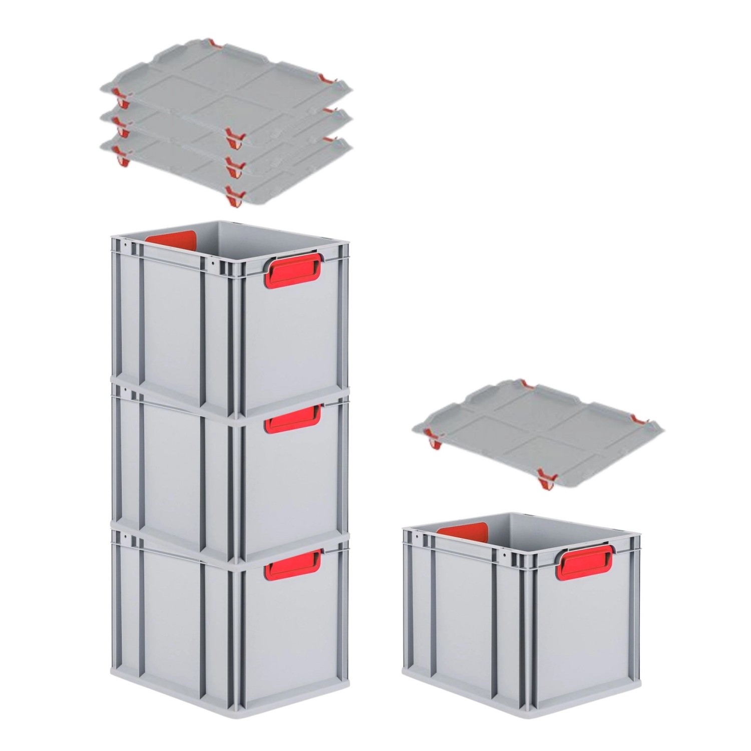 PROREGAL Spar Set 4x Eurobox Nextgen Color Mit Auflagedeckel & Schiebeschnappverschlüsse HxBxT 32 x 30 x 40 cm Griffe Rot Geschlossen Glatter Boden von PROREGAL