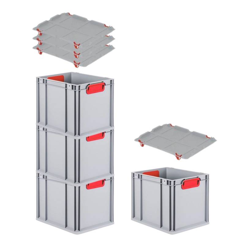 PROREGAL Spar Set 4x Eurobox Nextgen Color Mit Auflagedeckel & Schiebeschnappverschlüsse HxBxT 32 x 30 x 40 cm Griffe Rot Geschlossen Glatter Boden von PROREGAL
