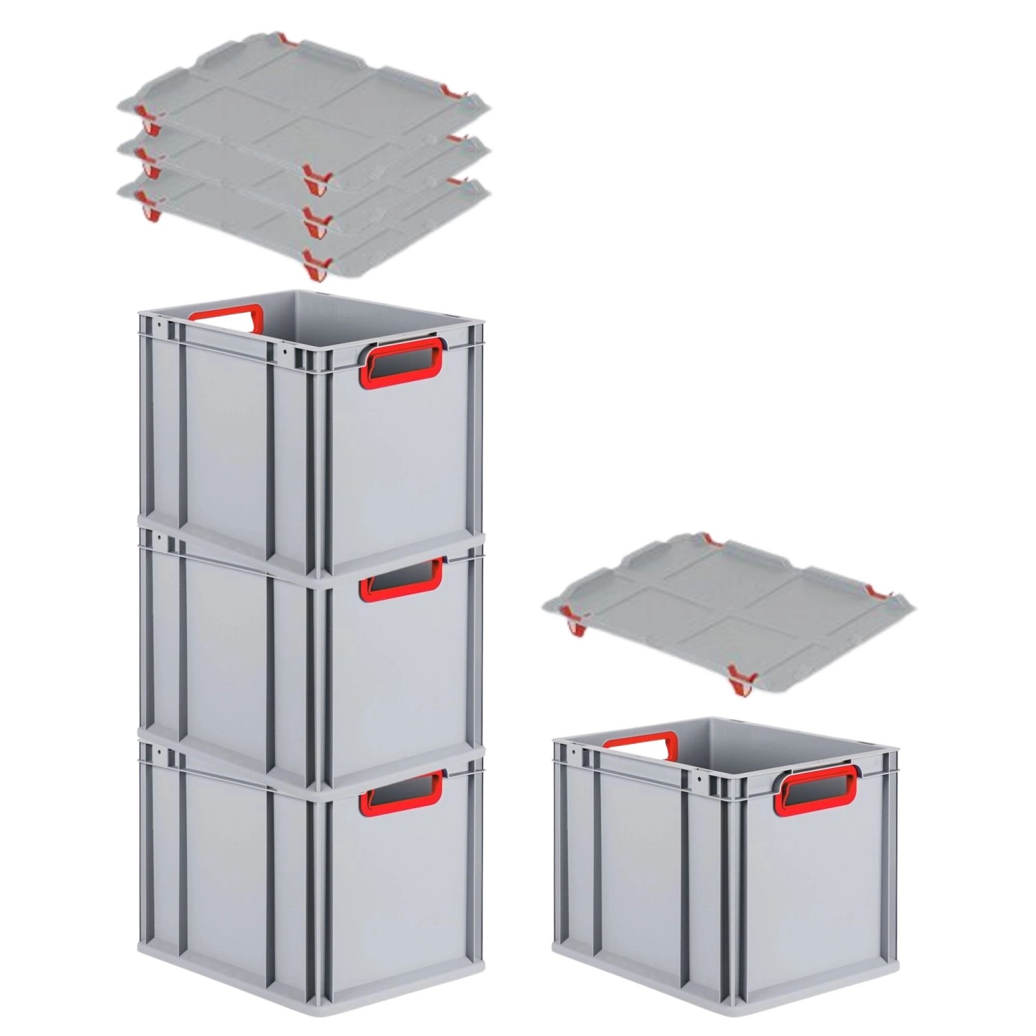 PROREGAL Spar Set 4x Eurobox Nextgen Color Mit Auflagedeckel & Schiebeschnappverschlüsse HxBxT 32 x 30 x 40 cm Griffe Rot Offen Glatter Boden von PROREGAL