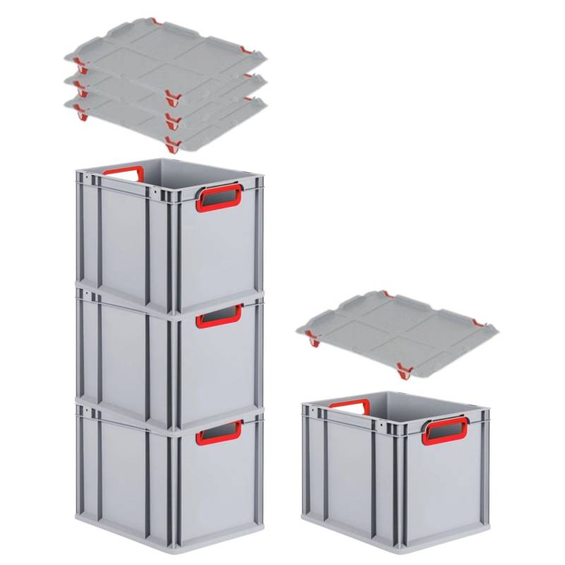 PROREGAL Spar Set 4x Eurobox Nextgen Color Mit Auflagedeckel & Schiebeschnappverschlüsse HxBxT 32 x 30 x 40 cm Griffe Rot Offen Glatter Boden von PROREGAL