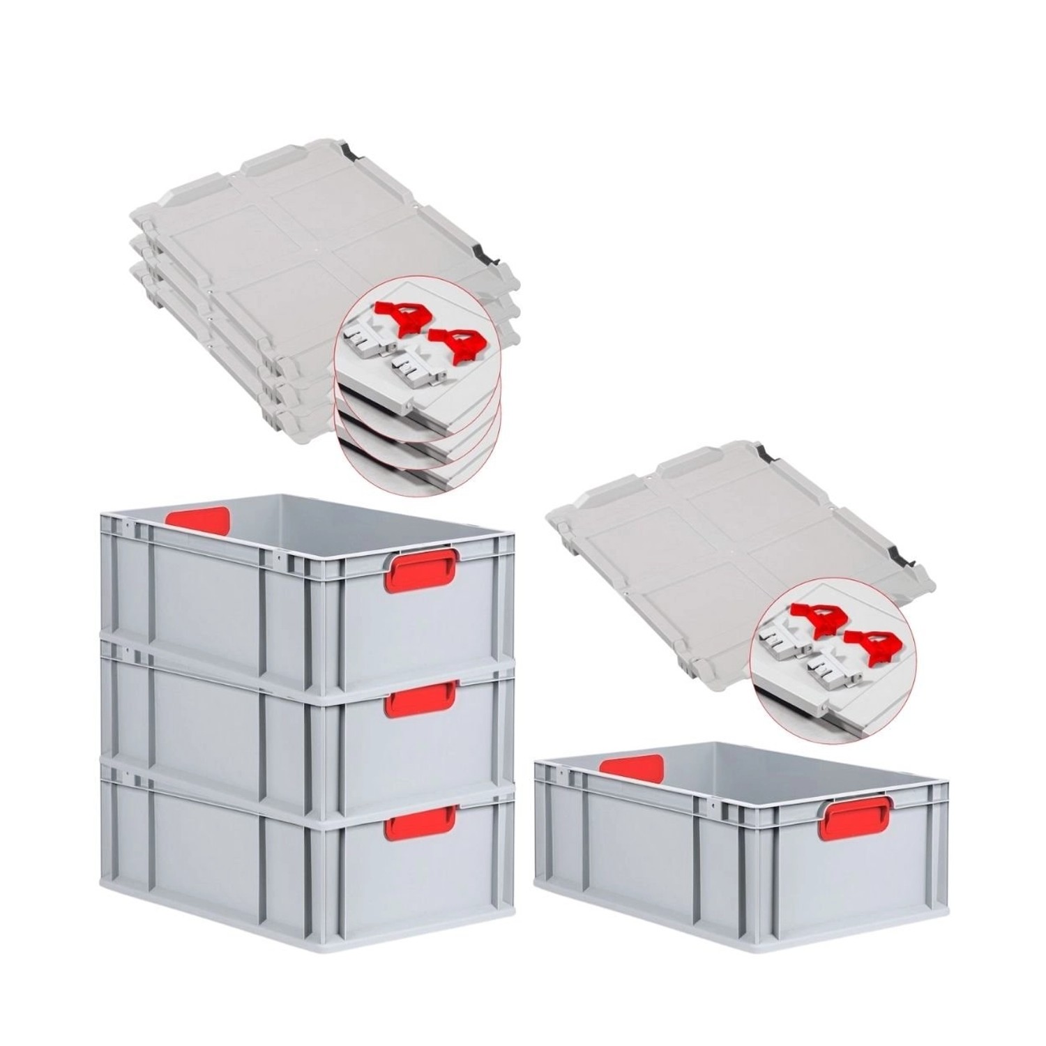 PROREGAL Spar Set 4x Eurobox Nextgen Color Mit Scharnierdeckel & Schiebeschnappverschlüsse HxBxT 22 x 40 x 60 cm Griffe Rot Verstärkter Boden von PROREGAL