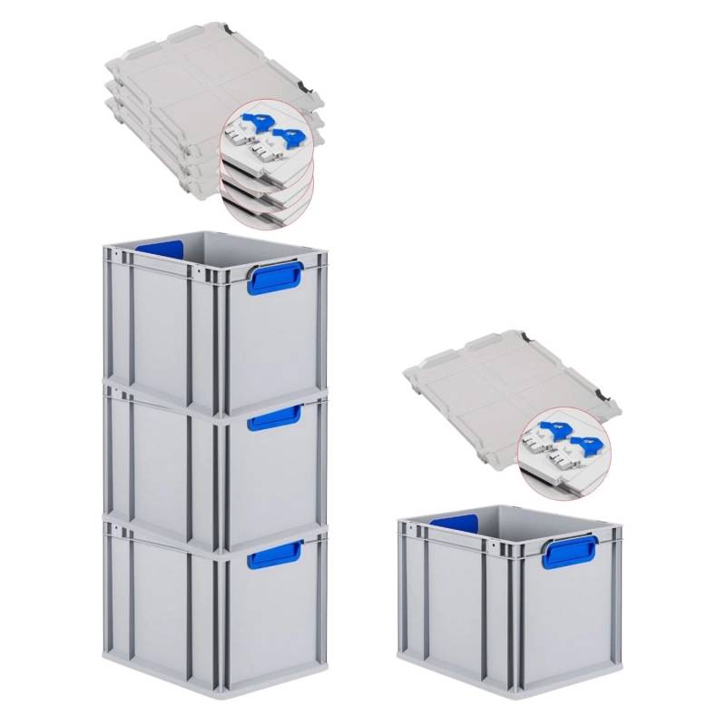 PROREGAL Spar Set 4x Eurobox Nextgen Color Mit Scharnierdeckel & Schiebeschnappverschlüsse HxBxT 32 x 30 x 40 cm Griffe Blau Geschlossen Glatter Boden von PROREGAL