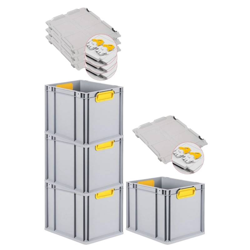 PROREGAL Spar Set 4x Eurobox Nextgen Color Mit Scharnierdeckel & Schiebeschnappverschlüsse HxBxT 32 x 30 x 40 cm Griffe Gelb Geschlossen Glatter Boden von PROREGAL