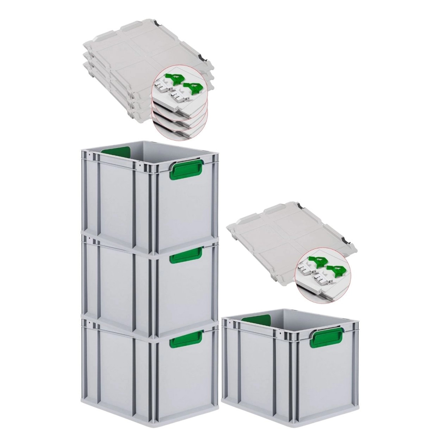 PROREGAL Spar Set 4x Eurobox Nextgen Color Mit Scharnierdeckel & Schiebeschnappverschlüsse HxBxT 32 x 30 x 40 cm Griffe Grün Geschlossen Glatter Boden von PROREGAL
