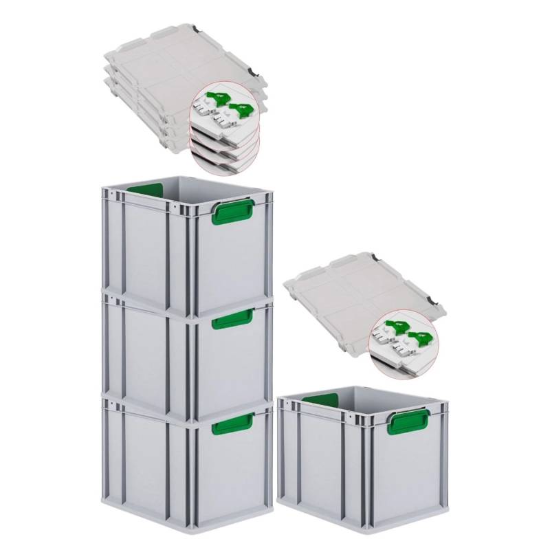 PROREGAL Spar Set 4x Eurobox Nextgen Color Mit Scharnierdeckel & Schiebeschnappverschlüsse HxBxT 32 x 30 x 40 cm Griffe Grün Geschlossen Glatter Boden von PROREGAL