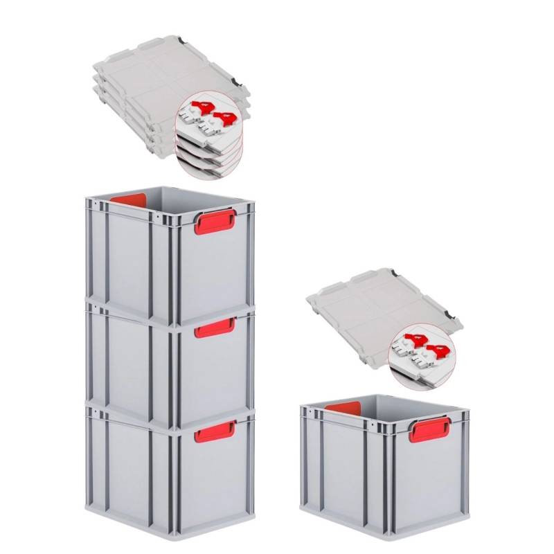 PROREGAL Spar Set 4x Eurobox Nextgen Color Mit Scharnierdeckel & Schiebeschnappverschlüsse HxBxT 32 x 30 x 40 cm Griffe Rot Geschlossen Glatter Boden von PROREGAL