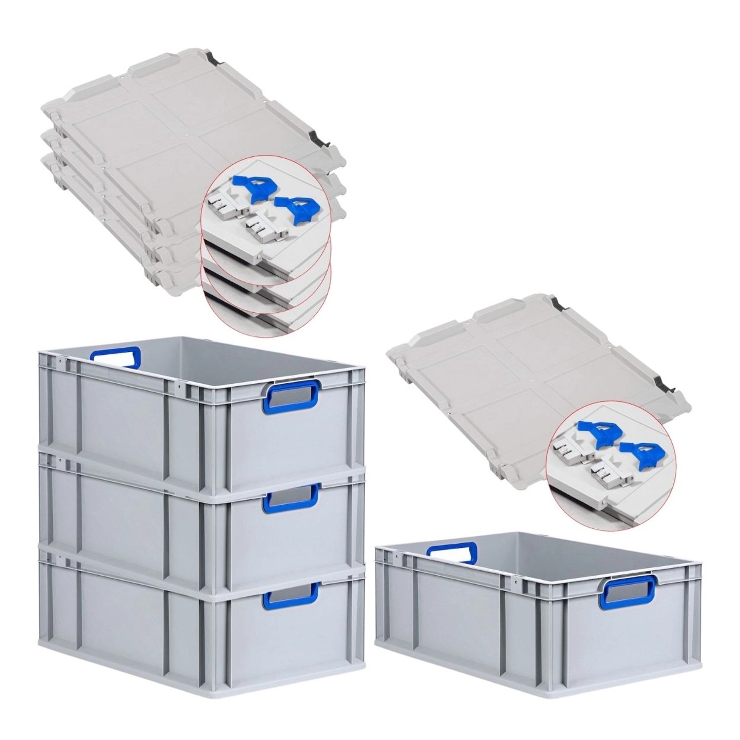 PROREGAL Spar Set 4x Eurobox Nextgen Color Mit Scharnierdeckel & Schiebeschnappverschlüssen HxBxT 22 x 40 x 60 cm Griffe Blau Offen Verstärkter Boden von PROREGAL