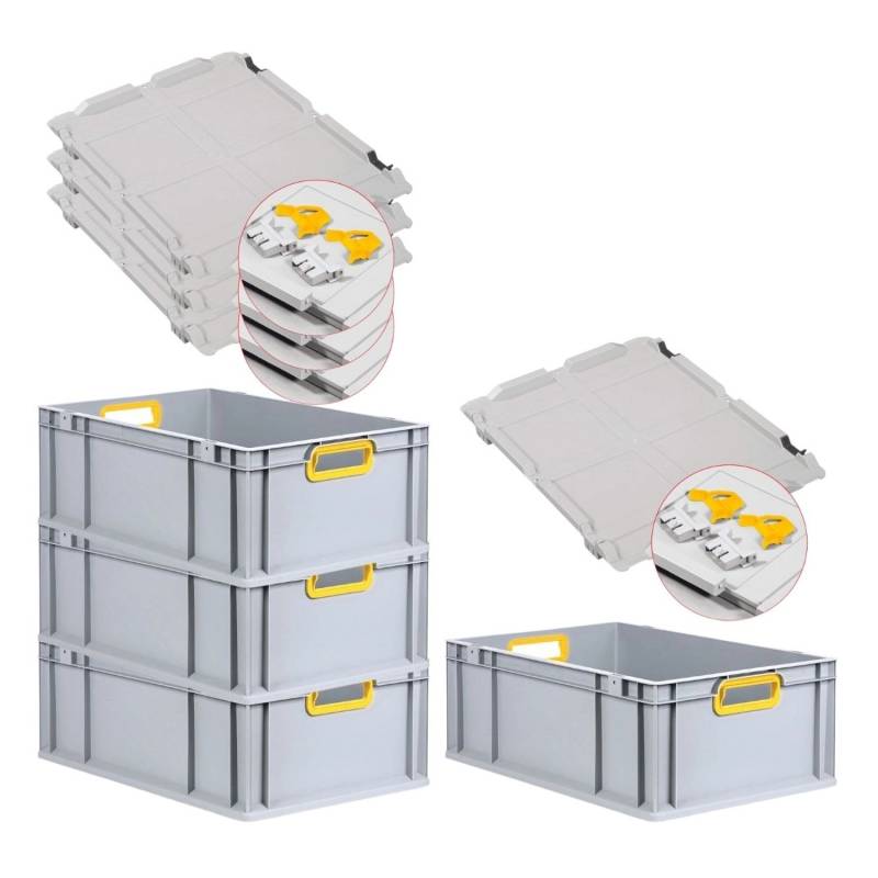 PROREGAL Spar Set 4x Eurobox Nextgen Color Mit Scharnierdeckel & Schiebeschnappverschlüssen HxBxT 22 x 40 x 60 cm Griffe Gelb Offen Verstärkter Boden von PROREGAL