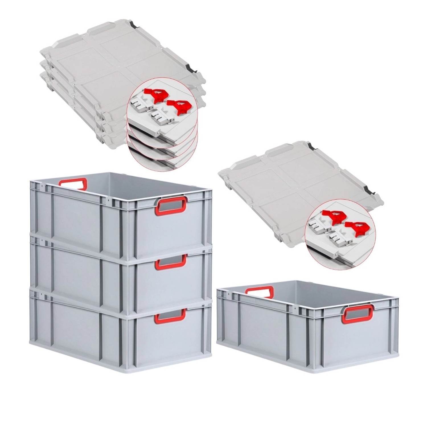 PROREGAL Spar Set 4x Eurobox Nextgen Color Mit Scharnierdeckel & Schiebeschnappverschlüssen HxBxT 22 x 40 x 60 cm Griffe Rot Offen Verstärkter Boden von PROREGAL