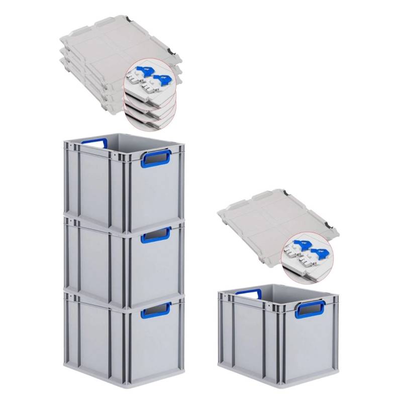 PROREGAL Spar Set 4x Eurobox Nextgen Color Mit Scharnierdeckel & Schiebeschnappverschlüssen HxBxT 32 x 30 x 40 cm Griffe Blau Offen Glatter Boden von PROREGAL