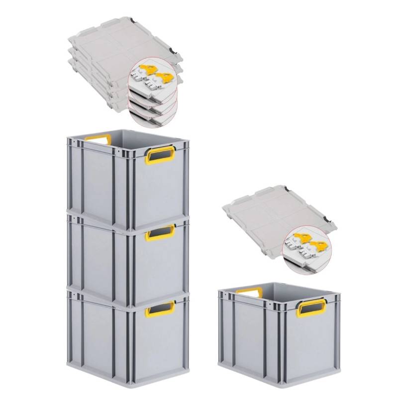 PROREGAL Spar Set 4x Eurobox Nextgen Color Mit Scharnierdeckel & Schiebeschnappverschlüssen HxBxT 32 x 30 x 40 cm Griffe Gelb Offen Glatter Boden von PROREGAL
