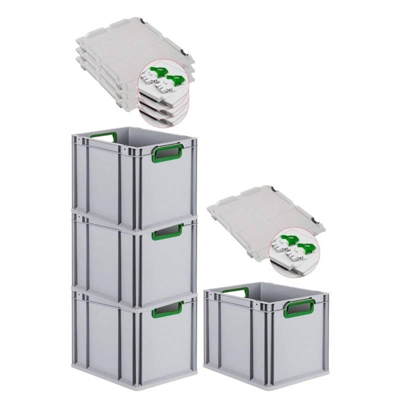 PROREGAL Spar Set 4x Eurobox Nextgen Color Mit Scharnierdeckel & Schiebeschnappverschlüssen HxBxT 32 x 30 x 40 cm Griffe Grün Offen Glatter Boden von PROREGAL