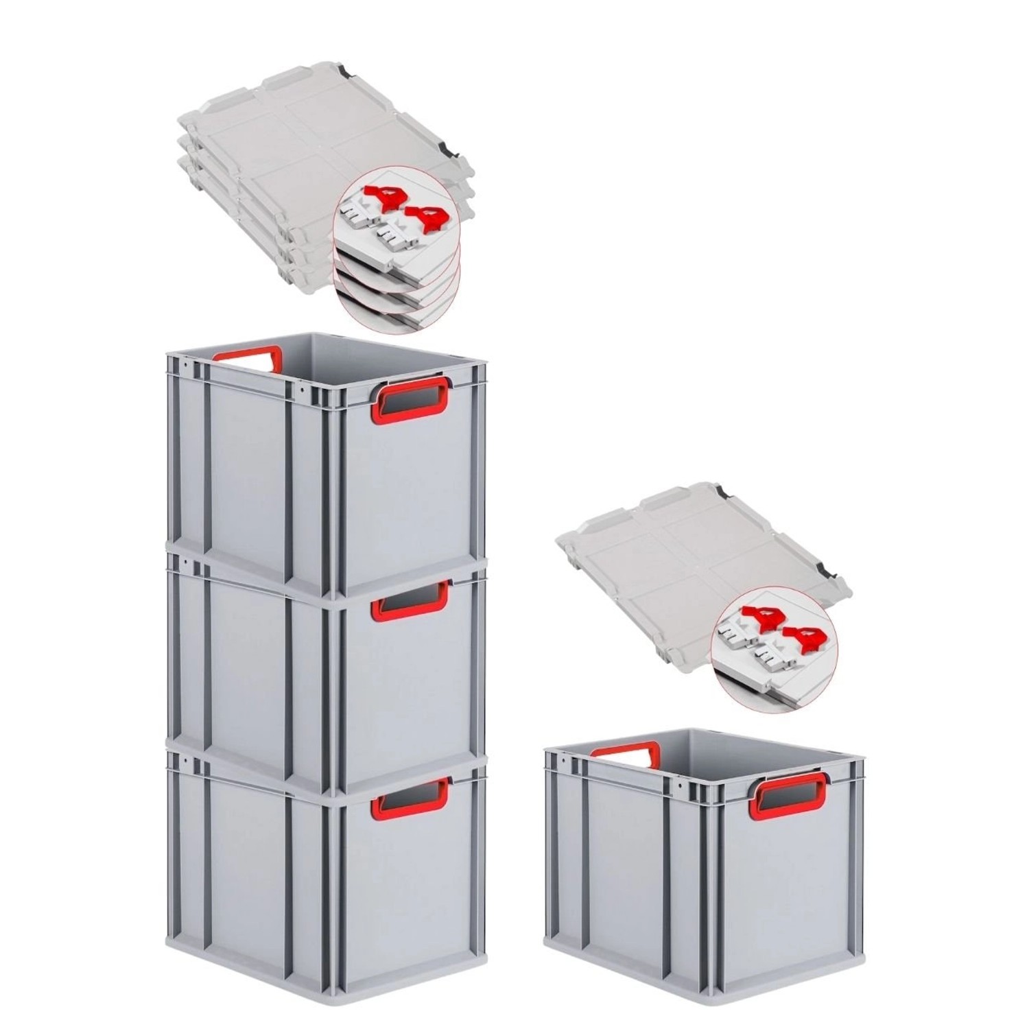 PROREGAL Spar Set 4x Eurobox Nextgen Color Mit Scharnierdeckel & Schiebeschnappverschlüssen HxBxT 32 x 30 x 40 cm Griffe Rot Offen Glatter Boden von PROREGAL