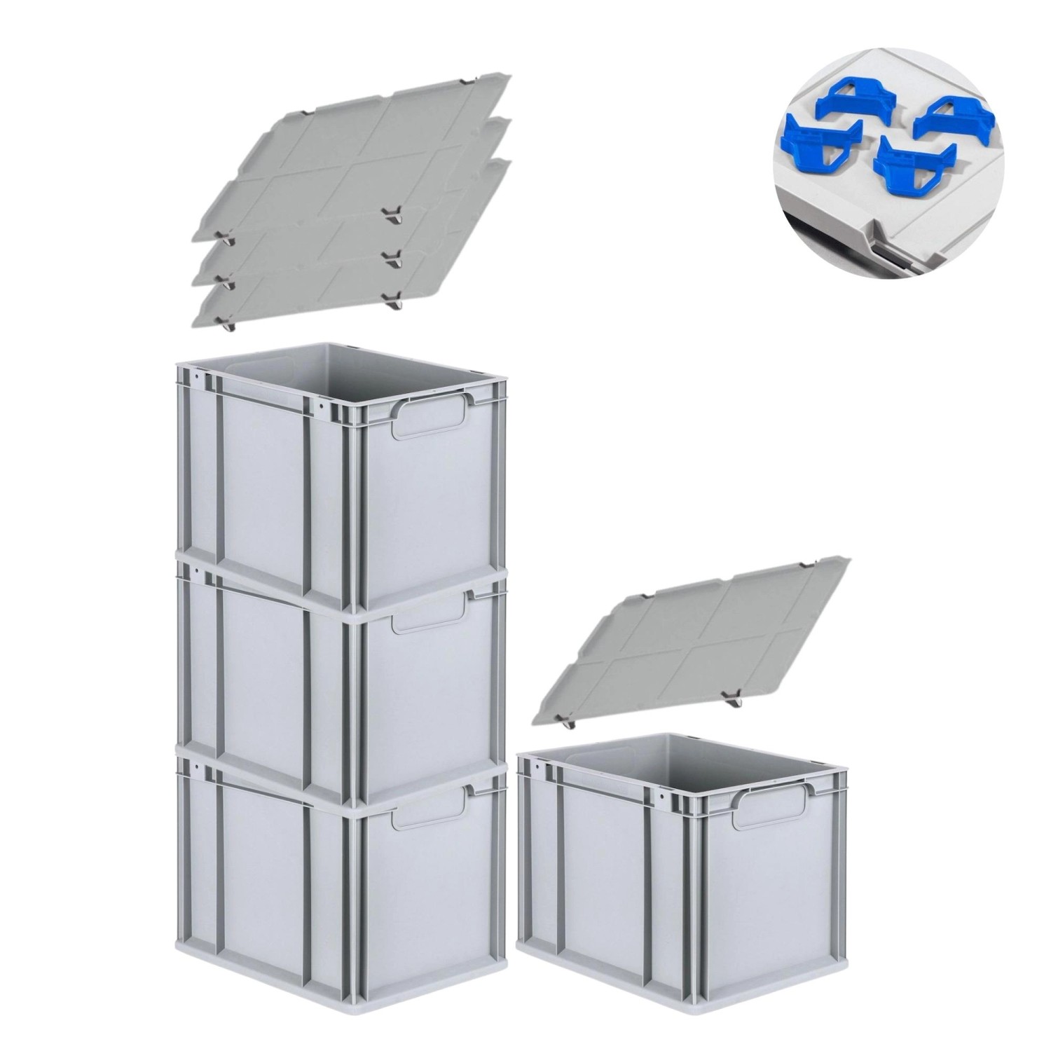 PROREGAL Spar Set 4x Eurobox Nextgen Economy Mit Auflagedeckel & 4x Schiebeschnappverschlüsse Blau Griffe Geschlossen HxBxT 32 x 30 x 40 cm 30 Liter von PROREGAL